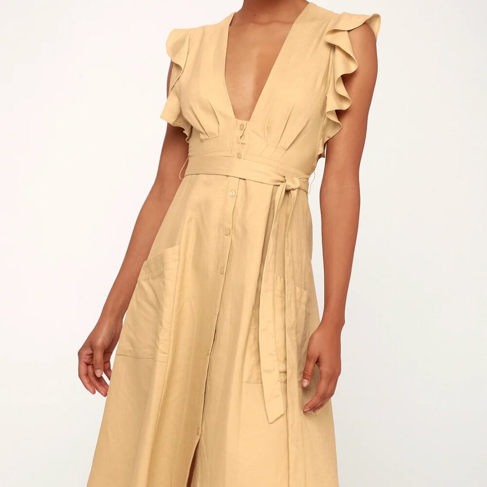 ASTR the Label Carolina Beige Button-Front Midi Dress - Size Medium